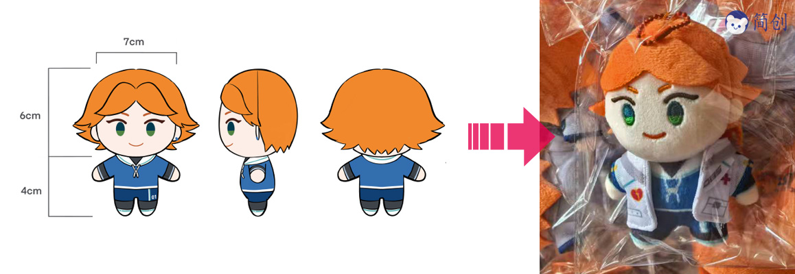 Corporate mascot カスタムization: A professional plush toy prototype showing the transition from 2D brそしてing artwork to a 3D physical plush mascot